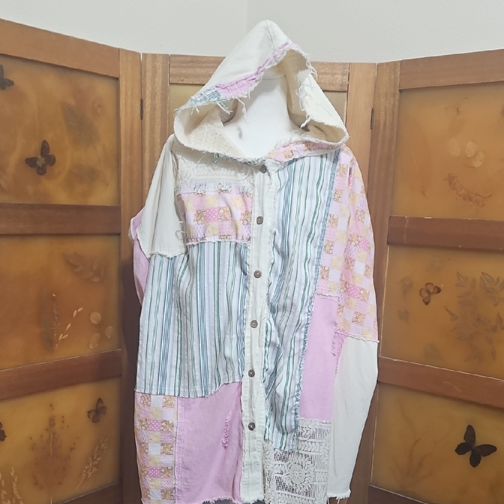 Boho Cottagecore Patchwork Button Down Distressed… - image 6